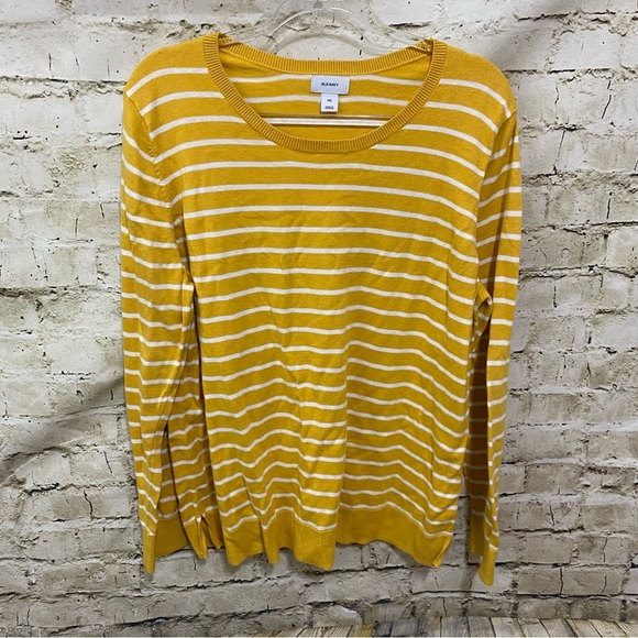 Old Navy Yellow White Striped Classic Crewneck Pullover Sweater - Picture 1 of 5